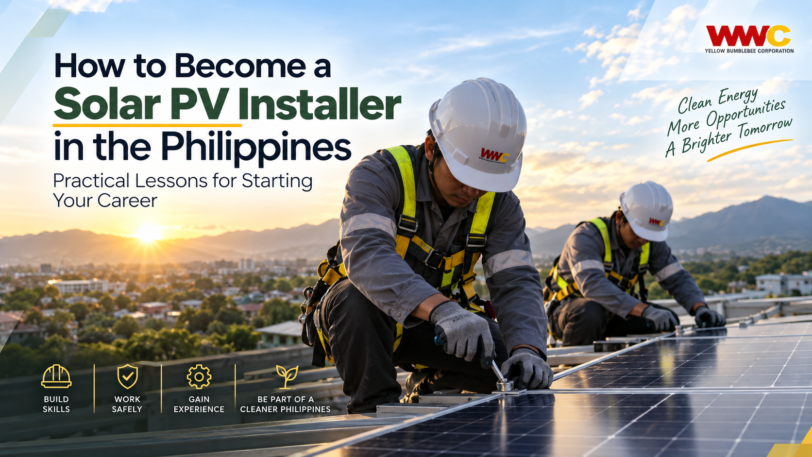 Solar PV installers working on a photovoltaic system in the Philippines